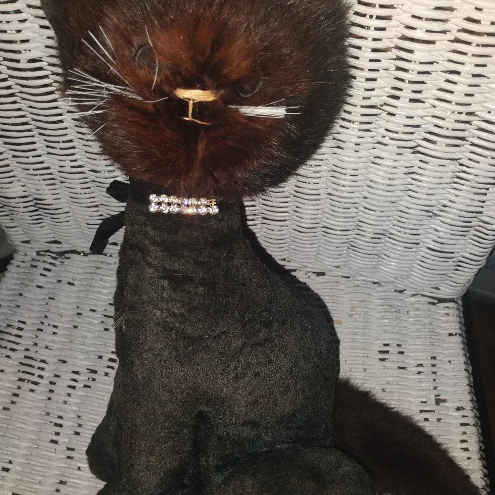 1950s Plushie Rare Luxury Black and Brown Cat Plush with Rhinestone Collar
